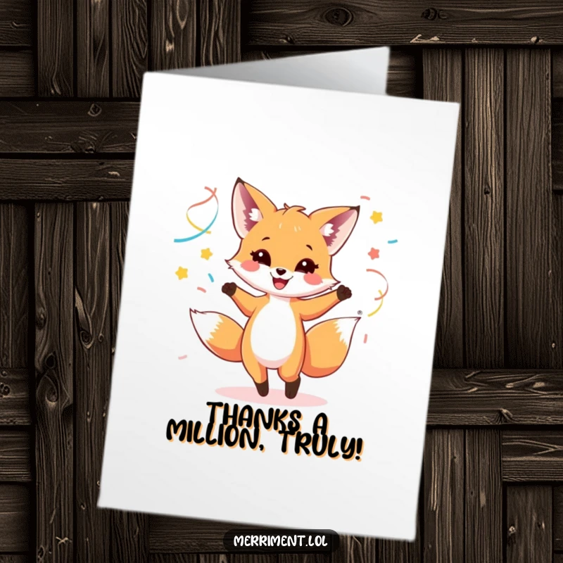 Funny free printable thank you card of a happy fox cub dancing with colorful streamers, expressing vibrant gratitude and cheer.