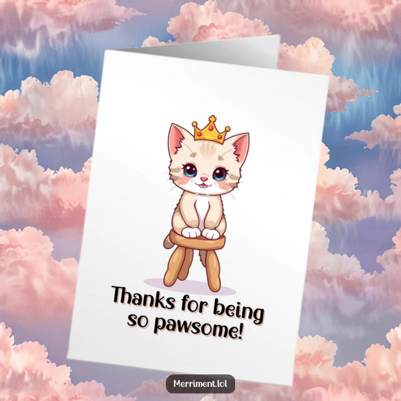 Funny Free Printable Thank You Card: A playful kitten wearing a tiny crown balances shakily on a wobbly stool, conveying thanks cutely.