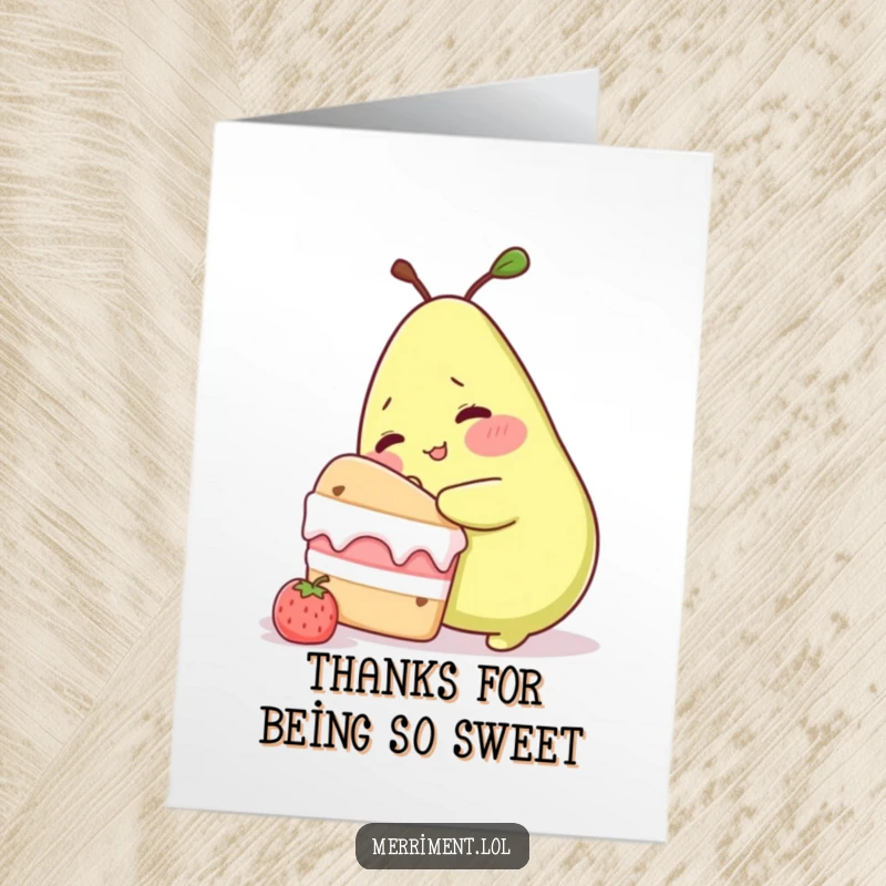 Funny Free Printable Thank You Card: A blushing pear character is caught trying to steal a bite from a giant celebratory cake, with thanks implied.