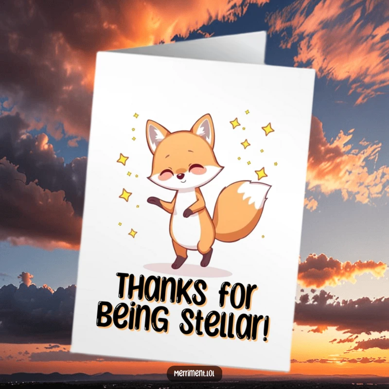 Funny Free Printable Thank You Card: A playful fox dances joyfully with tiny, twinkling stars, sending thanks.