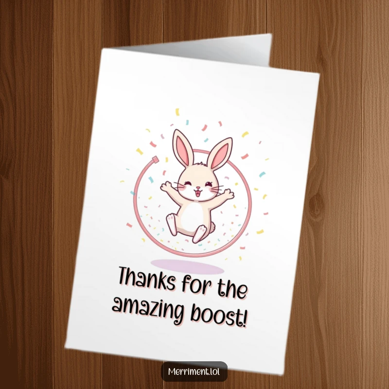 Funny Free Printable Thank You Card: A cheerful rabbit leaping through a hoop with confetti, a vibrant design to express gratitude.