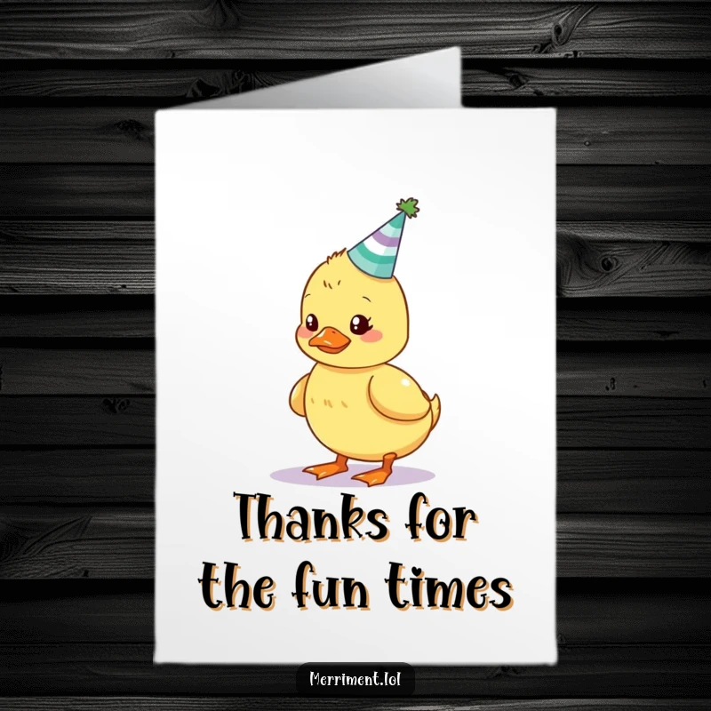 Cute free printable thank you card featuring a wobbly duckling attempting to balance a small, glowing party hat.