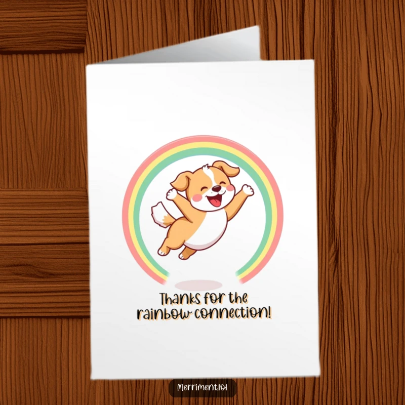 Funny Free Printable Thank You Card: Joyful dog leaping through a hoop of rainbows with a happy bark, a thankful pup.