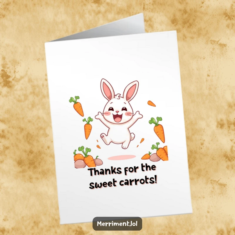 Funny Free Printable Thank You Card: A happy rabbit bounces joyfully, surrounded by a magical cascade of floating carrots.
