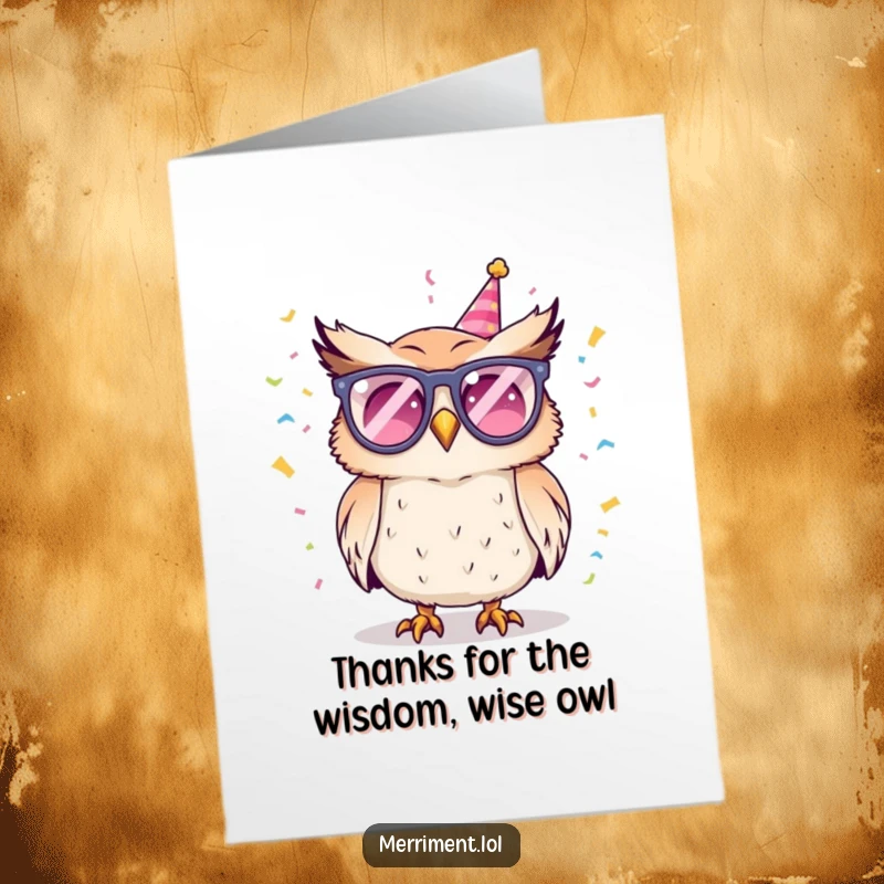 Funny Free Printable Thank You Card of a mischievous owl in party glasses showering you with confetti.