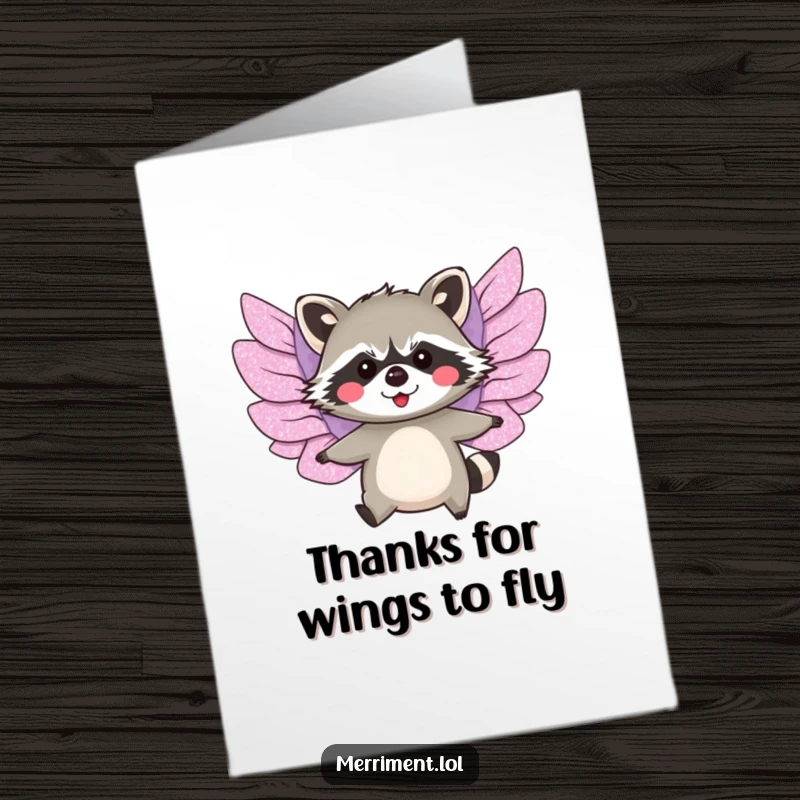 Funny Free Printable Thank You Card: Blushing raccoon character flying with glittery wings, expressing heartfelt thanks.