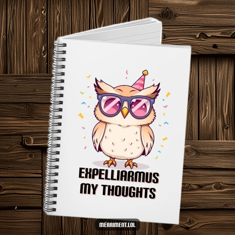 Funny notebook cover with a partying owl in glasses, excitedly throwing confetti, ideal for jotting down fun ideas and plans.