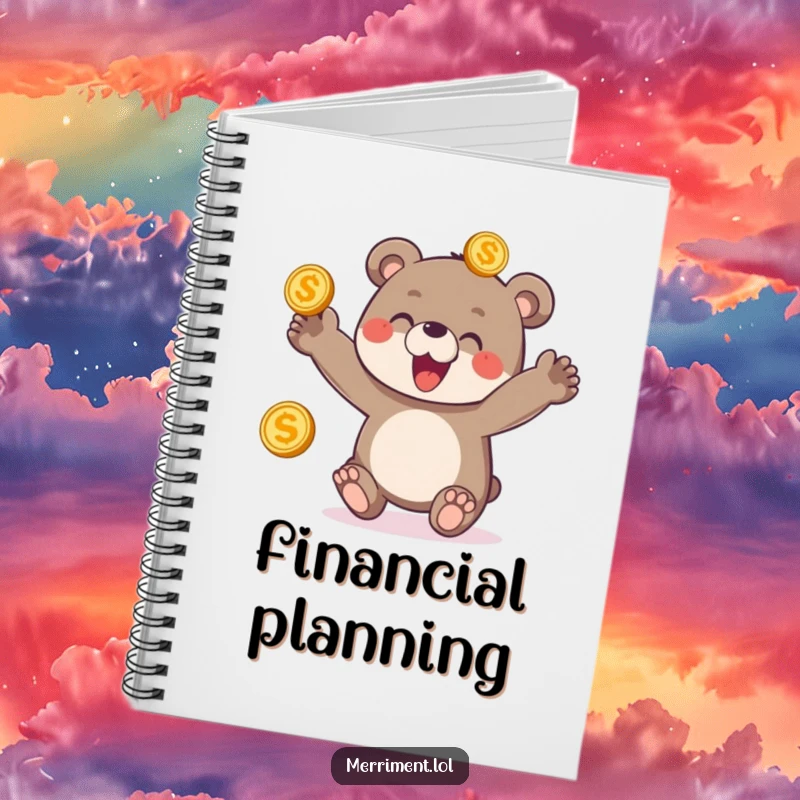 Funny notebook cover featuring a delighted bear cub enthusiastically juggling three shiny golden coins, ready for happy notes.