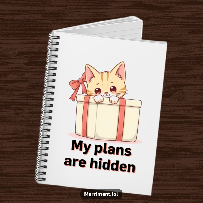 Funny, curious cat peeking from behind a large gift box, a humorous cover for a notebook inspiring creative and funny ideas.
