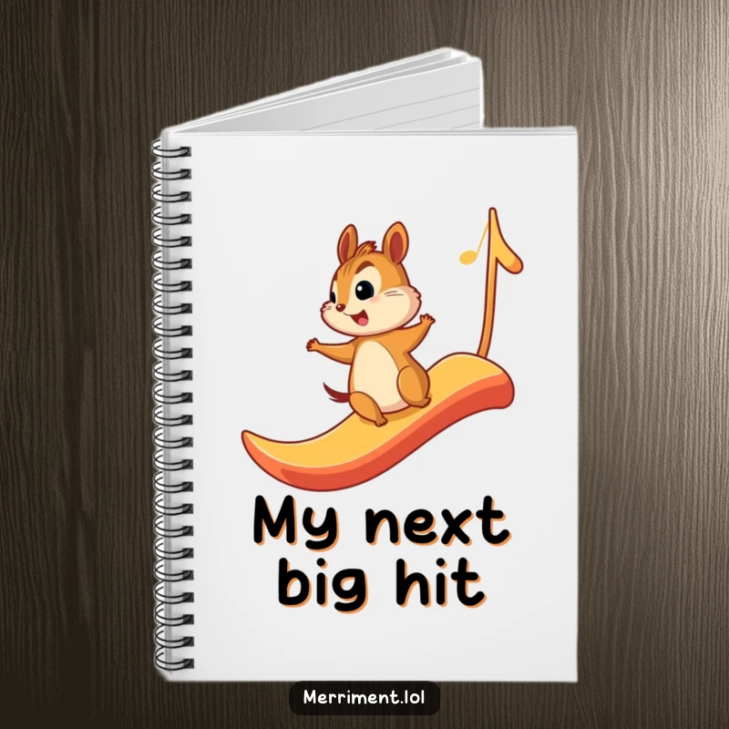Funny notebook cover with a chipmunk joyfully sliding down a large musical note, perfect for composing thoughts and notes.