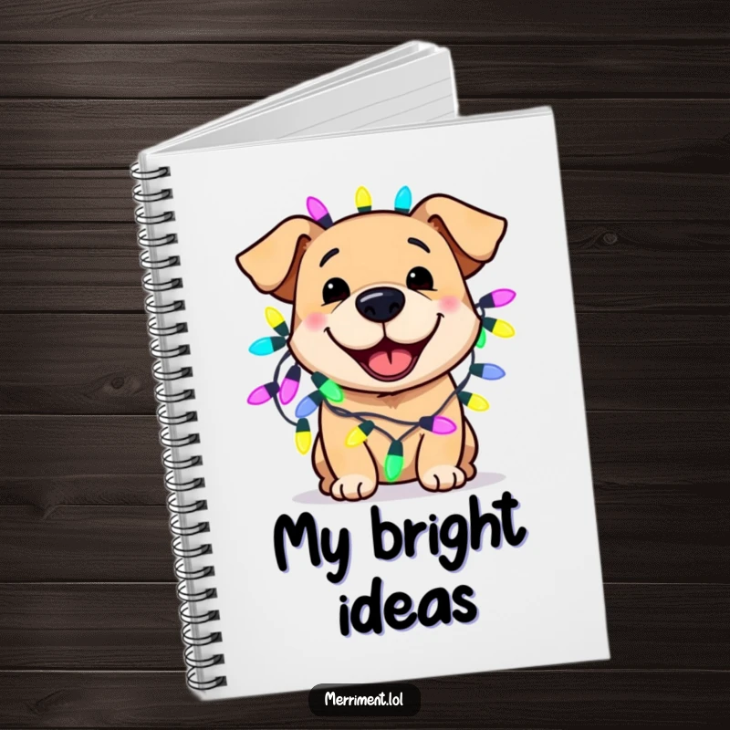 Funny dog notebook featuring a smiling dog adorned with oversized fairy lights, inspiring creative and festive note-taking with humor.