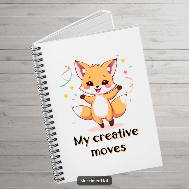Funny notebook featuring a happy fox cub dancing with colorful streamers, ideal for planning and inspiration.