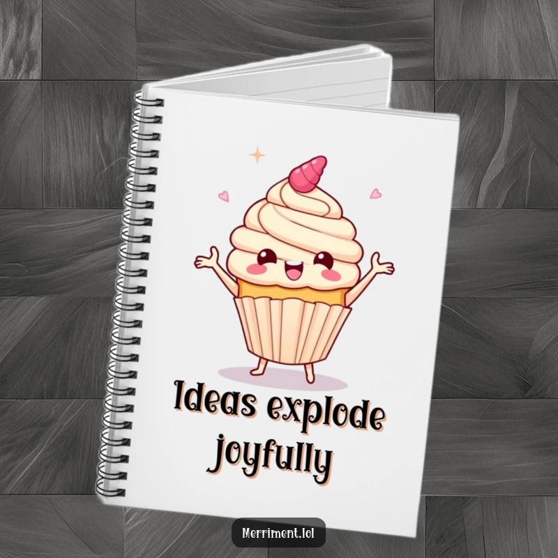 Funny notebook cover with a giddy cupcake character doing a celebratory jig, frosting flying, for capturing happy notes and ideas.