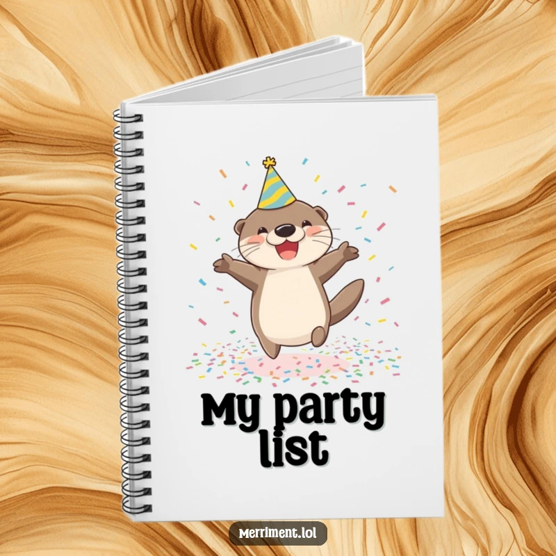 Funny happy otter wearing a party hat jumping in confetti on a notebook cover, representing creative note-taking with festive humor.