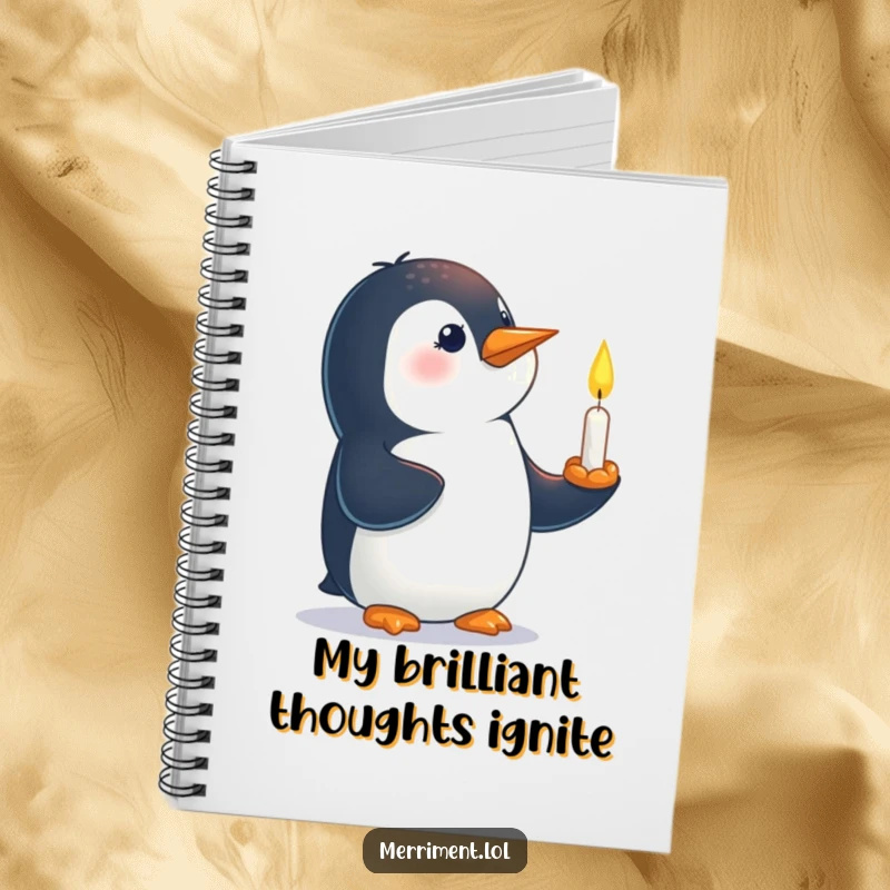 Funny notebook cover featuring a curious penguin balancing a small, lit candle on its beak.