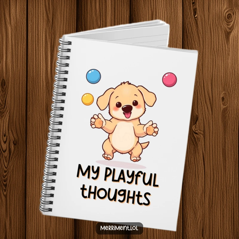 Funny notebook cover with a bouncing puppy juggling colorful balls, exuding joy and skill.