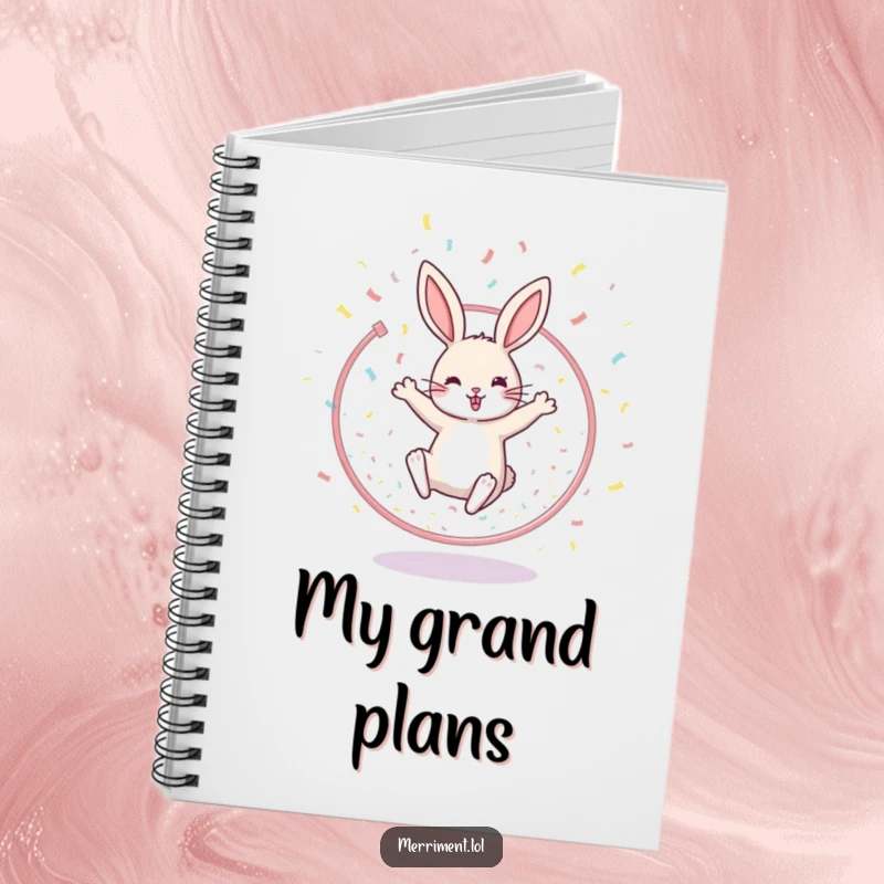 Funny notebook cover with a cheerful rabbit leaping through a hoop surrounded by confetti, inspiring happy note-taking.