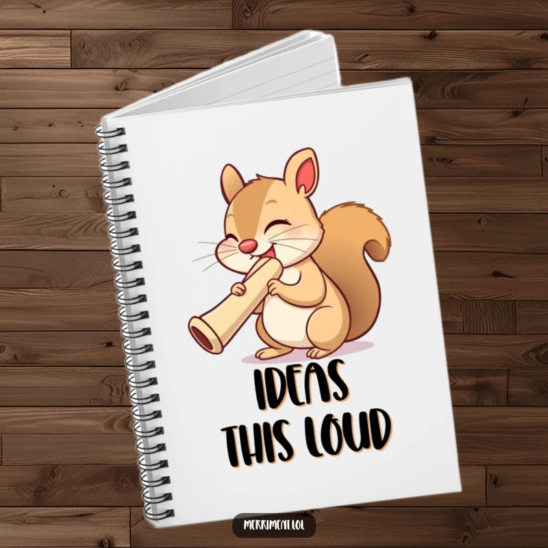 Funny squirrel notebook, eyes closed in musical bliss, playing a massive kazoo, ideal for jotting down funny thoughts.