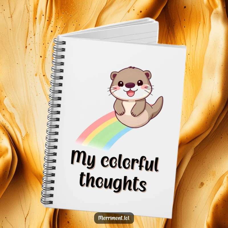 Funny notebook cover with a playful otter sliding down a rainbow, symbolizing cheerful thoughts and imagination.