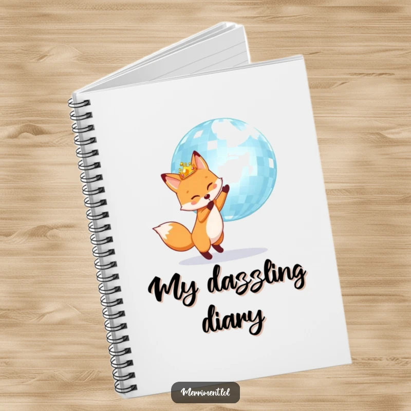 Fox wearing a crown bounces a giant shimmering disco ball, on the cover of a ruled notebook for writing.