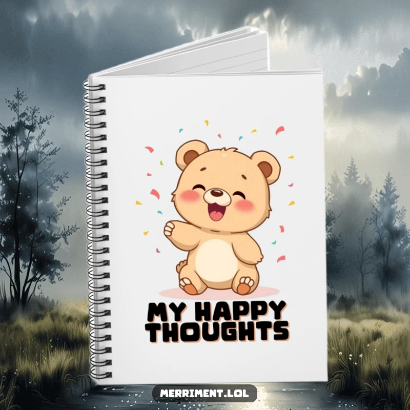 Funny notebook featuring a giggling bear cub tossing confetti, ideal for journaling and creative brainstorming.