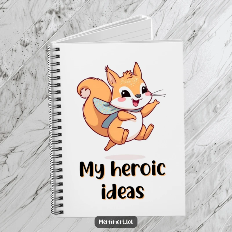 Funny notebook featuring a playful squirrel wearing a sparkly cape, leaping joyfully, ideal for notes and plans.