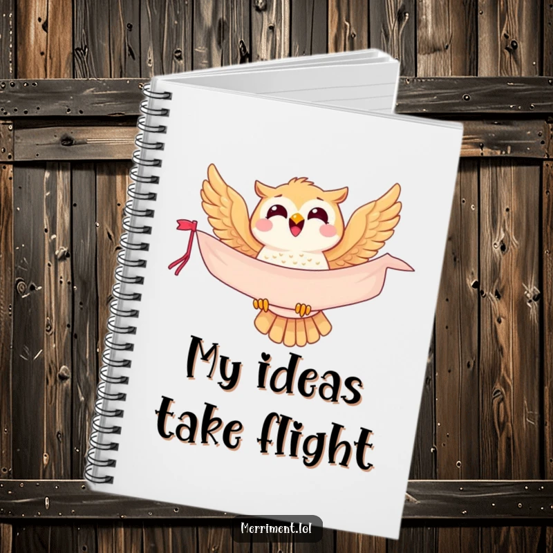 Funny owl notebook, a joyful bird soaring with a banner, perfect for capturing notes and inspiration with humor.