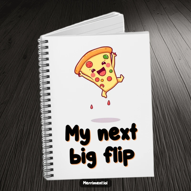 Funny pizza slice notebook capturing a somersaulting motion, perfect for jotting down notes with a humorous and artistic flair.