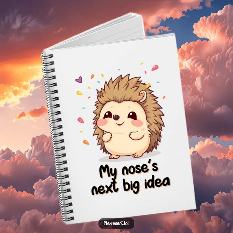 Funny hedgehog notebook with a smiling nose catching falling confetti, ideal for writing and doodling with a humorous touch.