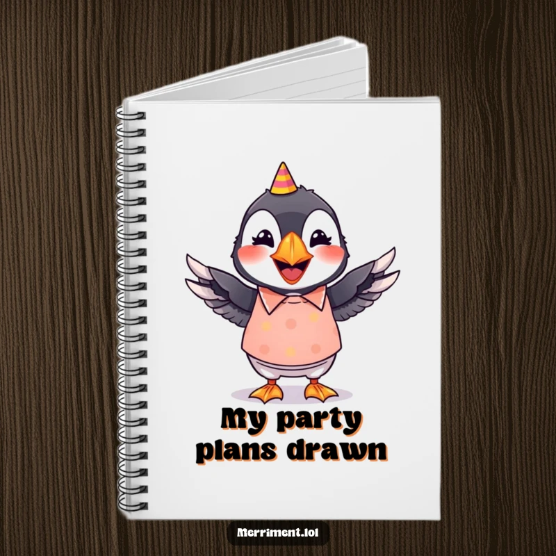 Funny notebook cover featuring a grinning puffin in a bright party shirt, its wings wiggling with excitement.