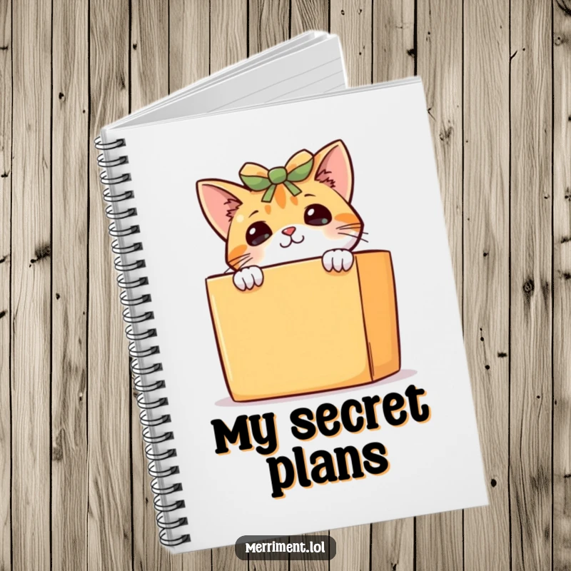 Funny curious cat notebook, a playful kitten peeking from behind a gift box, perfect for notes and creative thoughts.