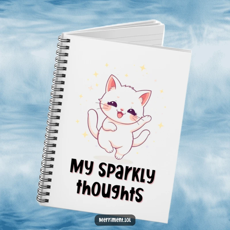 Funny cat notebook showing a radiant feline twirling with glitter, ideal for jotting down creative and dazzling ideas.