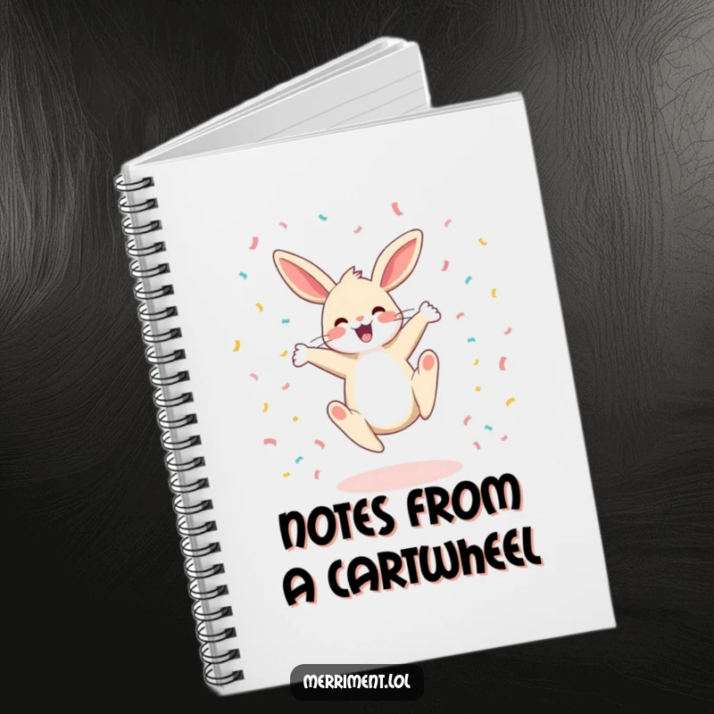Funny notebook featuring a happy bunny doing a cartwheel with confetti, perfect for jotting down cheerful thoughts and ideas.