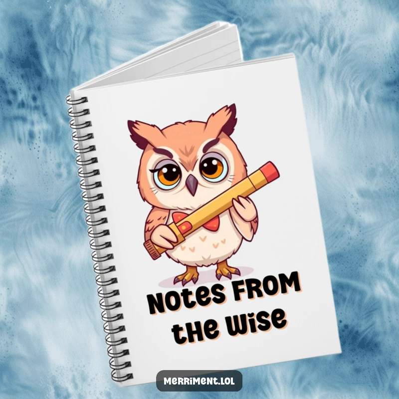 Funny notebook cover showing a determined owl wearing a silly bowtie and playing a kazoo, inviting users to fill its pages with great ideas.