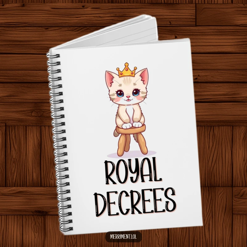 Funny notebook cover showing a playful kitten in a tiny crown balancing on a wobbly stool, inspiring elegant note-taking.