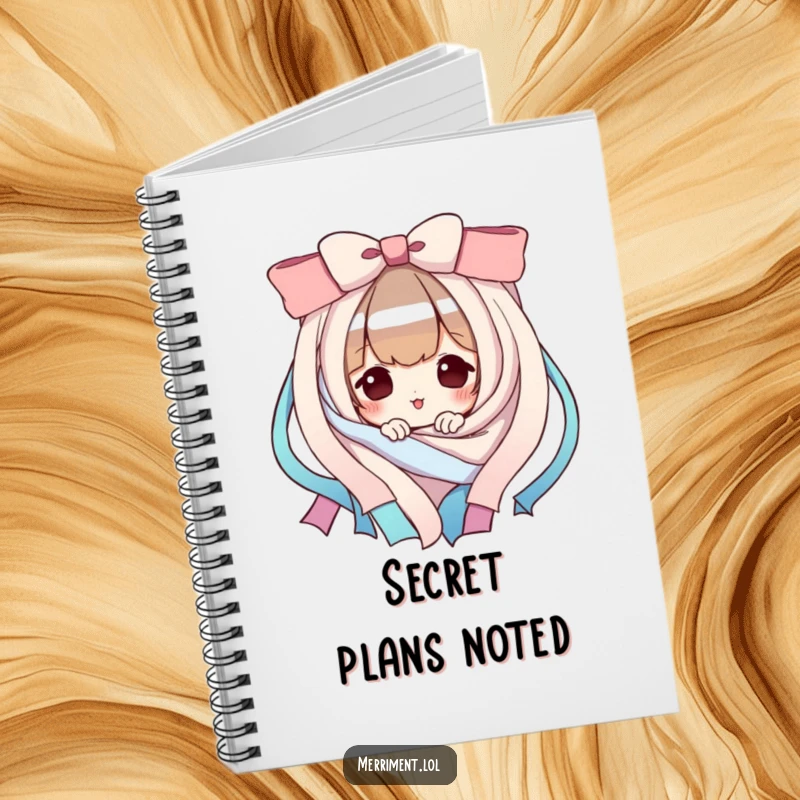 Funny Notebook: A playful character peeks from behind ribbons. Great for notes and a funny gift.