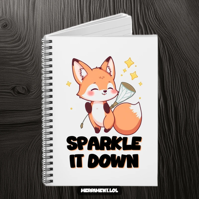 Funny fox notebook with a playful fox character catching falling stars in a sparkly net, ideal for funny notes and ideas.