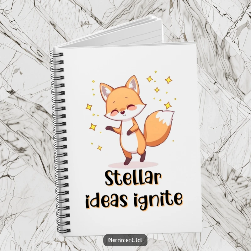 Funny notebook with a playful fox dancing with tiny, twinkling stars, perfect for jotting down celestial ideas and creative thoughts.