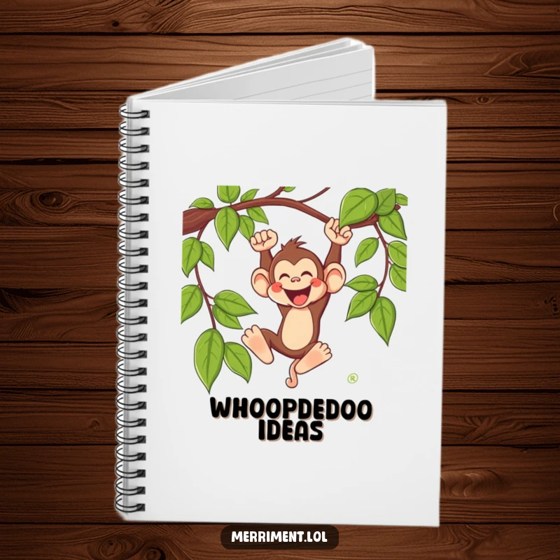 Funny monkey notebook with a silly monkey character swinging from a vine with a joyous whoop, ideal for funny notes and ideas.