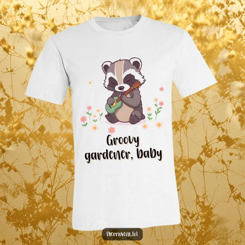 Funny badger t-shirt depicting a determined animal tapping its feet to instantly bloom flowers, a vibrant and whimsical shirt.