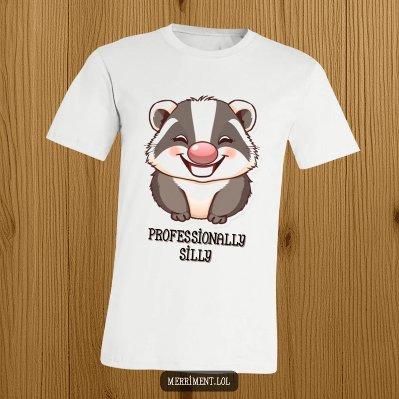 Funny badger with a wide grin and a red clown nose, making a silly face, ideal for a humorous t-shirt.
