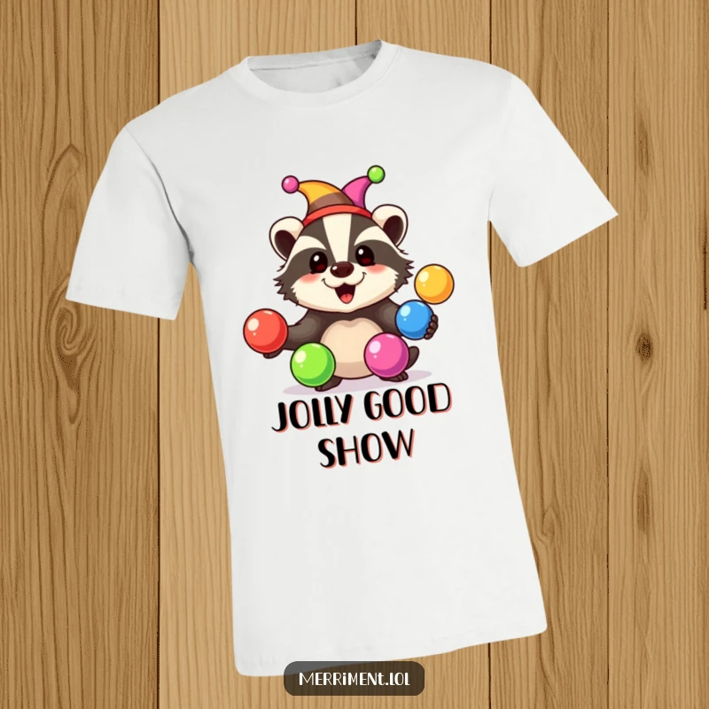 Happy badger in a jester hat juggling multiple rainbow-colored balls with a wide smile, printed on a humorous t-shirt.