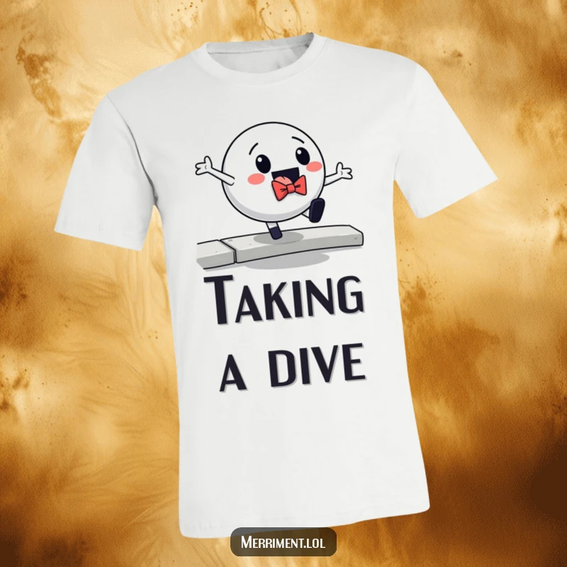 Funny t-shirt graphic of a ball in a bowtie taking a dramatic tumble off a curb, a humorous depiction of unexpected falls.