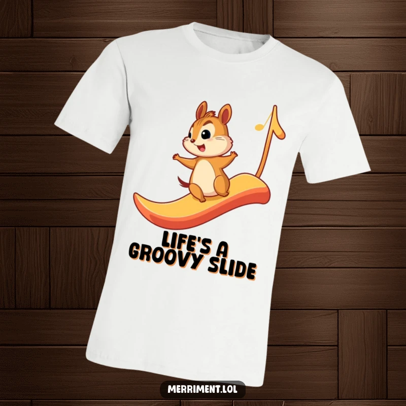 Funny t-shirt print of a chipmunk joyfully sliding down a giant musical note, celebrating music and happiness.