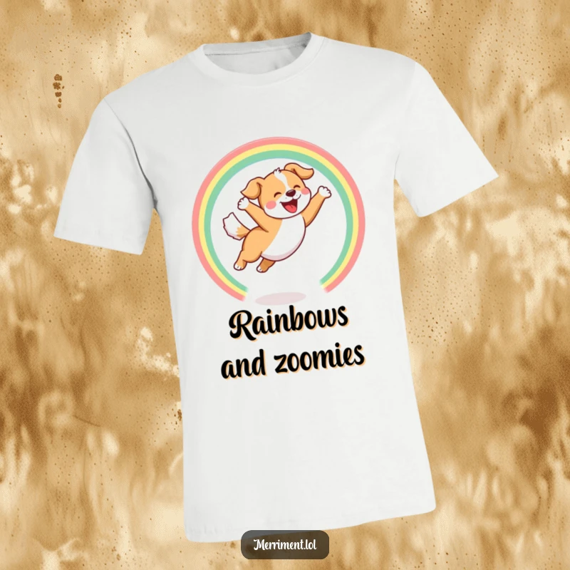 Funny T-Shirt depicting a joyful dog leaping through a hoop of rainbows with a happy bark, cheerful pet apparel.