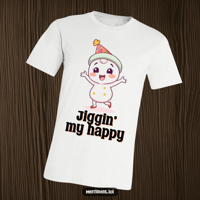 Funny T-Shirt: A delighted character sporting a festive hat performs a cheerful, energetic jig. A great funny gift for party lovers.