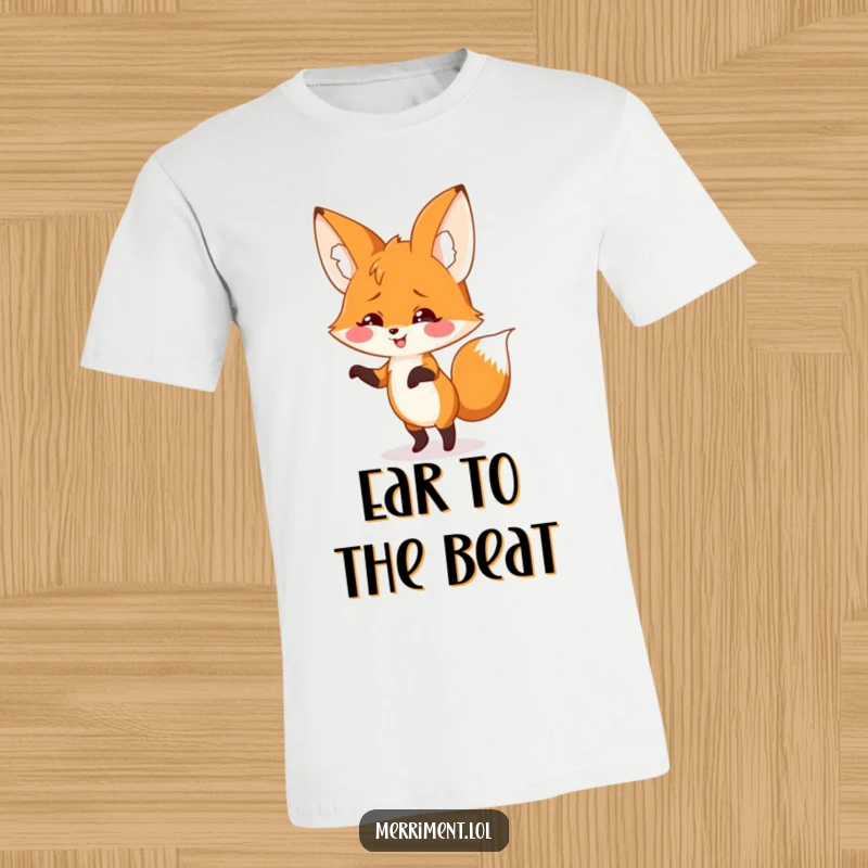 Smiling fox with enormous floppy ears performs a silly dance on a t-shirt, radiating energetic fun and a passion for moving.