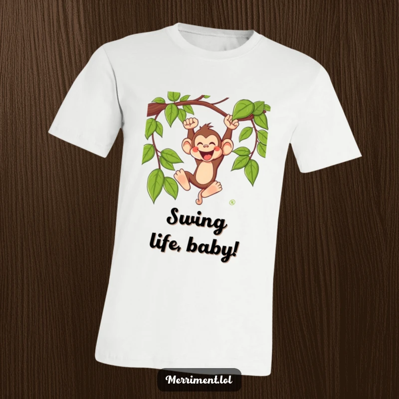Funny monkey t-shirt with a silly monkey character swinging wildly from a vine with a joyous whoop, a depiction of unrestrained fun.