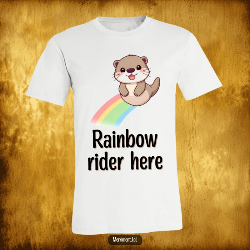 Funny t-shirt showcasing a beaming otter playfully sliding down a colorful rainbow, a delightful depiction of pure bliss.