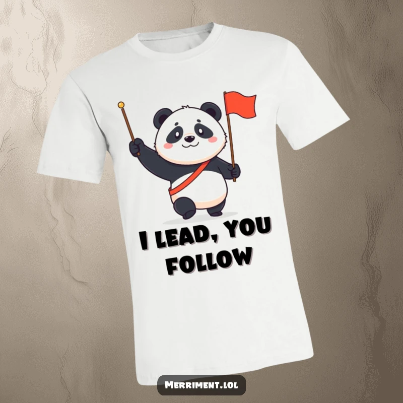 Funny Panda T-Shirt: A determined panda marches enthusiastically with a tiny flag and a proud, joyful grin.